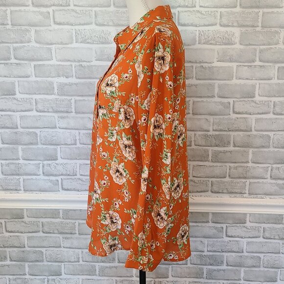 Pleione Floral Chiffon Button Up Blouse Top Feminine Relaxed Orange White XL - Picture 3 of 8